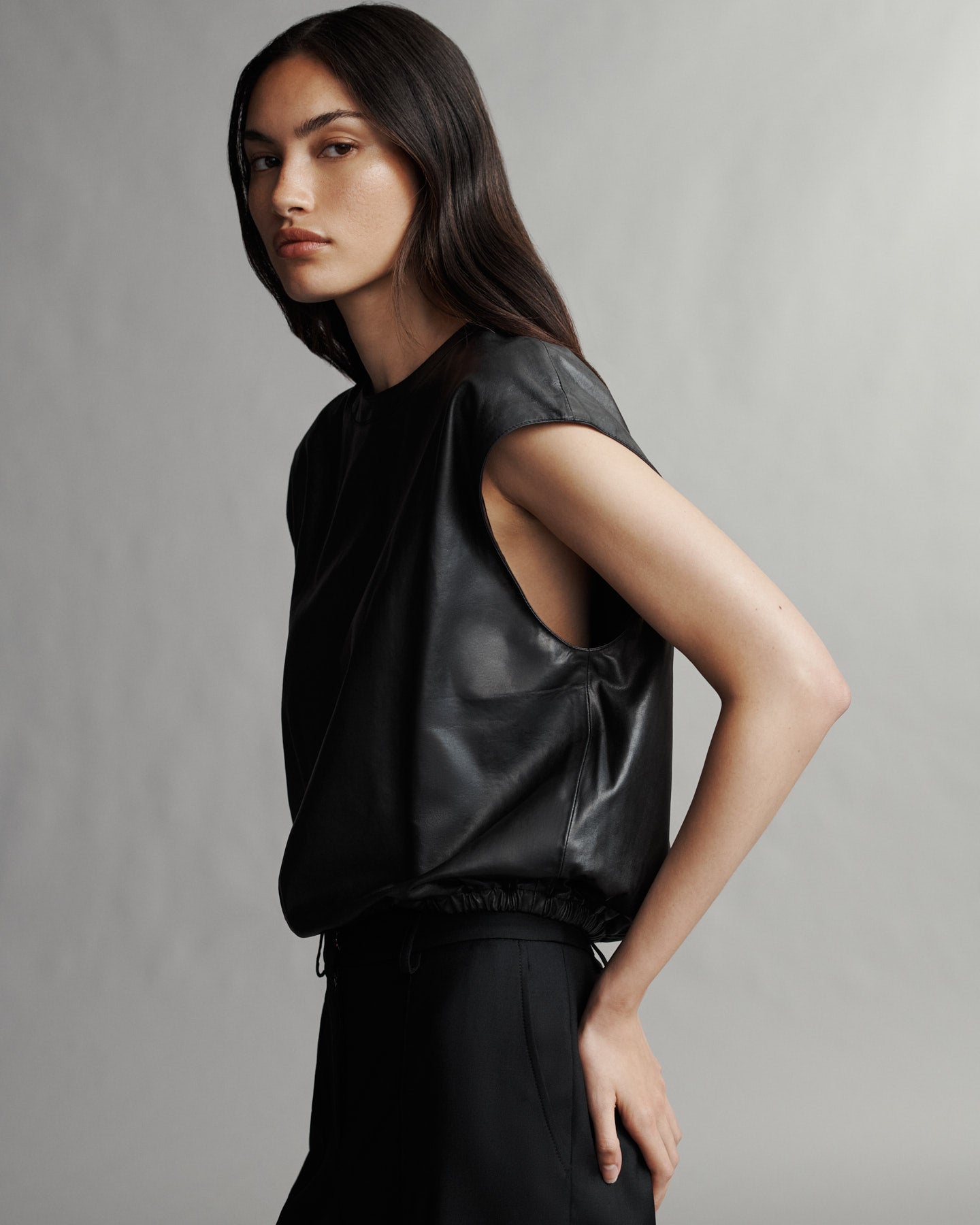 TWP Black Muscle Tee in Paper Leather view 1