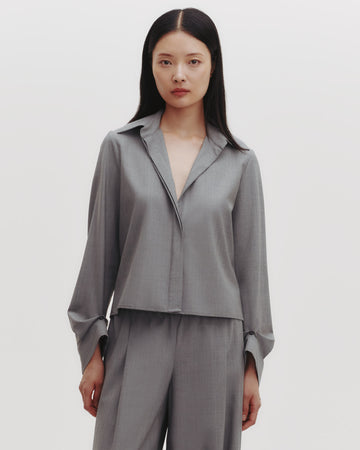TWP Medium heather grey Button Me Up Top in Ultrafine Stretch Suiting view 1