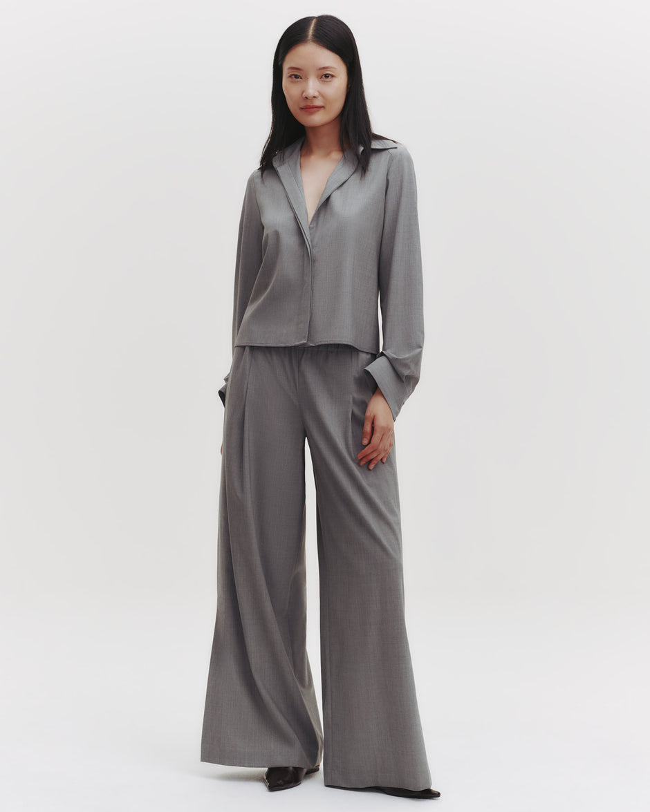 TWP Medium heather grey Button Me Up Top in Ultrafine Stretch Suiting view 1