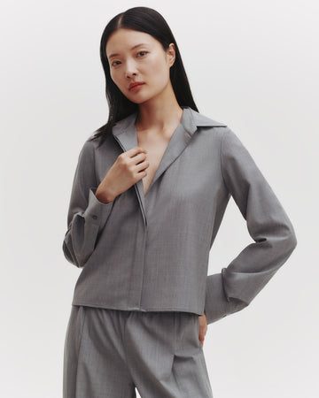 TWP Medium heather grey Button Me Up Top in Ultrafine Stretch Suiting view 1