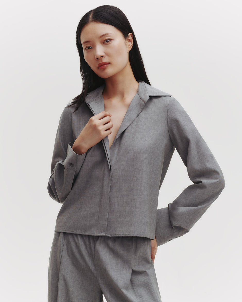 TWP Medium heather grey Button Me Up Top in Ultrafine Stretch Suiting view 1