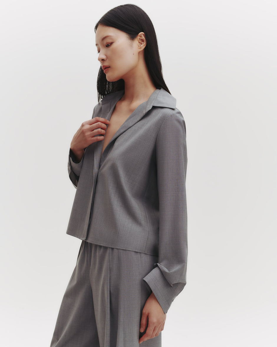 TWP Medium heather grey Button Me Up Top in Ultrafine Stretch Suiting view 1