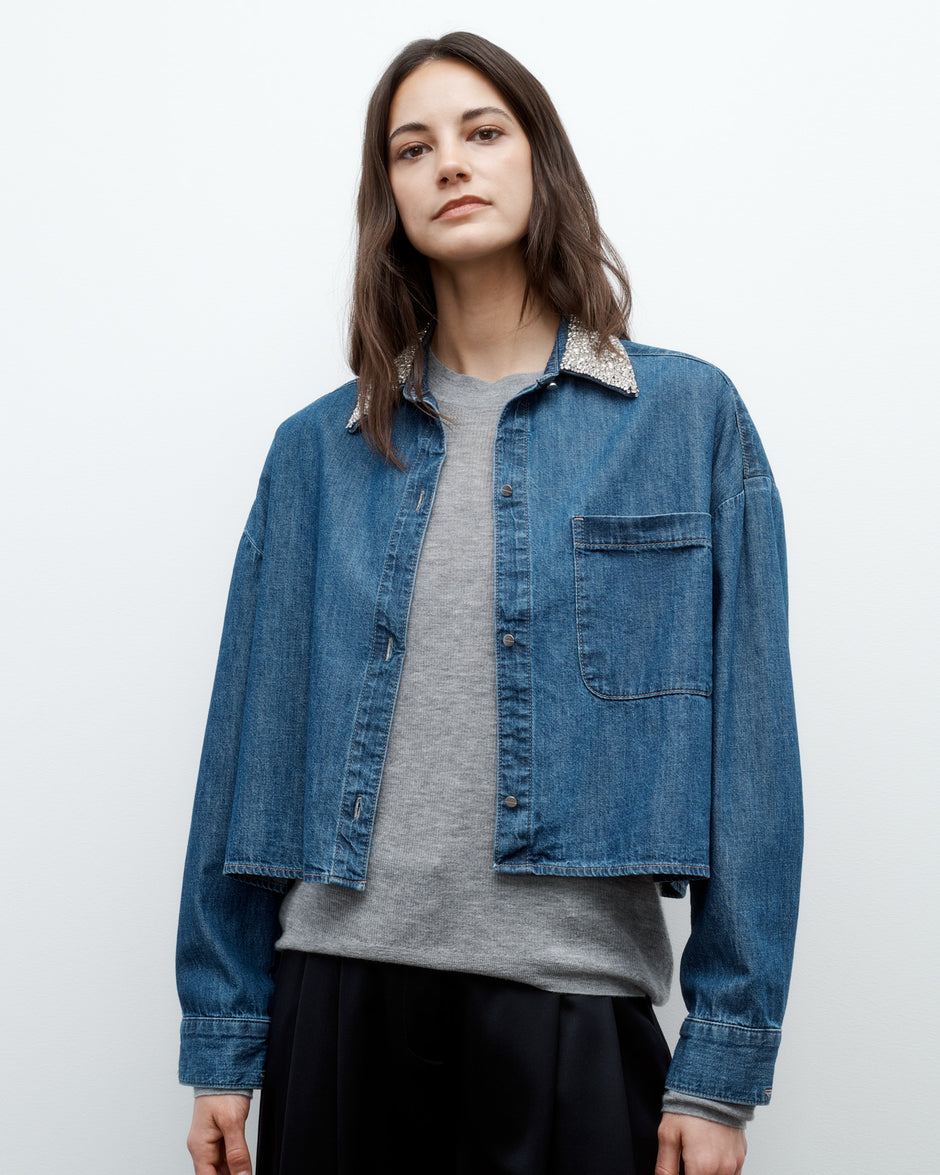 TWP Paris My Ex&#39;s Denim Shirt with Crystal Collar in Denim Shirting view 2