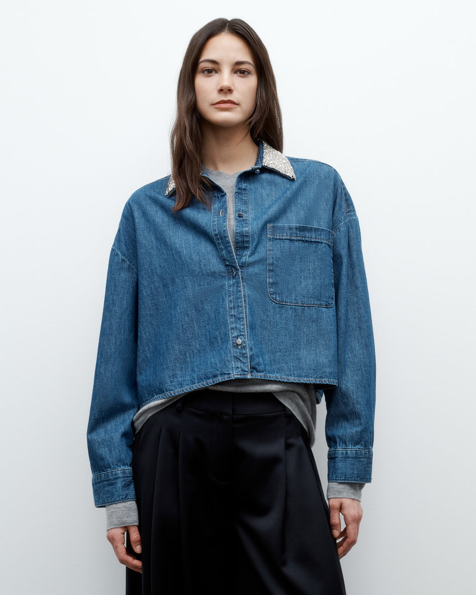 TWP Paris My Ex&#39;s Denim Shirt with Crystal Collar in Denim Shirting view 1