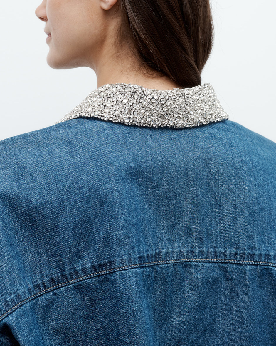 TWP Paris My Ex&#39;s Denim Shirt with Crystal Collar in Denim Shirting view 5