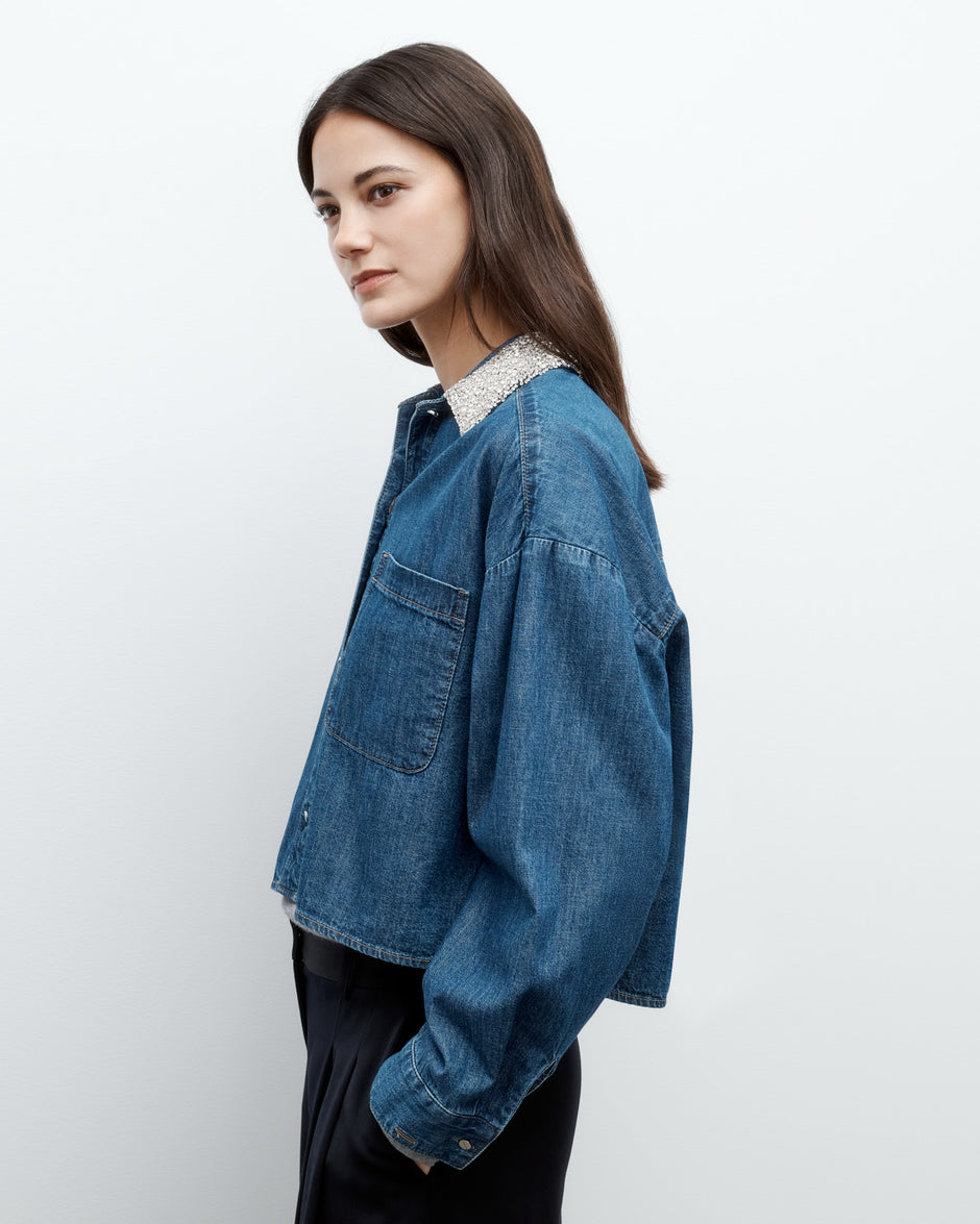 TWP Paris My Ex&#39;s Denim Shirt with Crystal Collar in Denim Shirting view 3