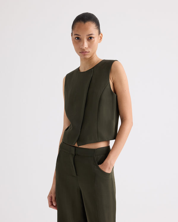 TWP Rosen High Neck Hidden Placket Vest in Coated Viscose Linen view 1