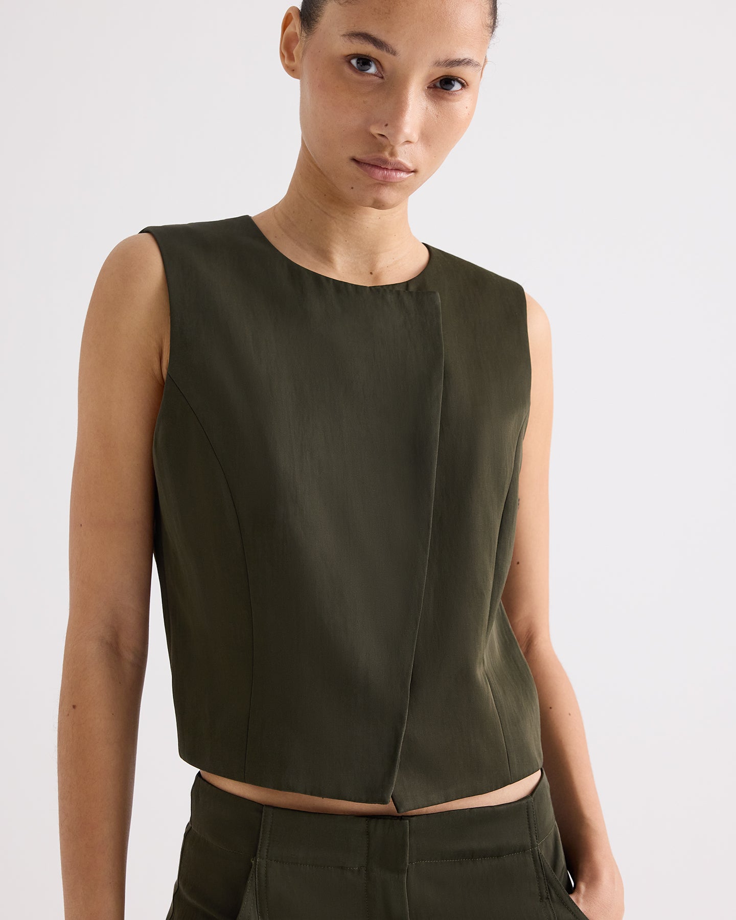 TWP Rosen High Neck Hidden Placket Vest in Coated Viscose Linen view 2