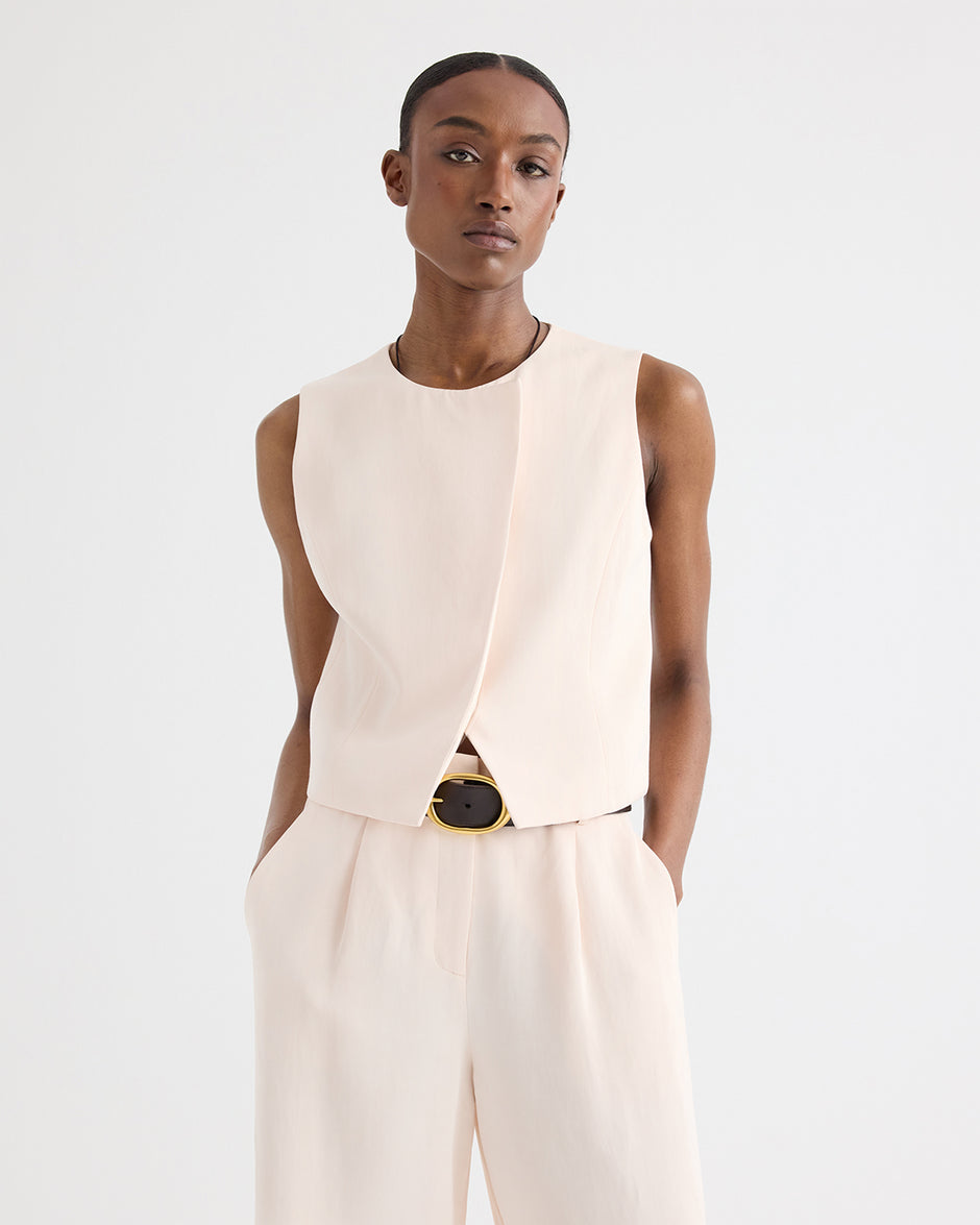 TWP Creme de peche High Neck Hidden Placket Vest in Coated Viscose Linen view 1