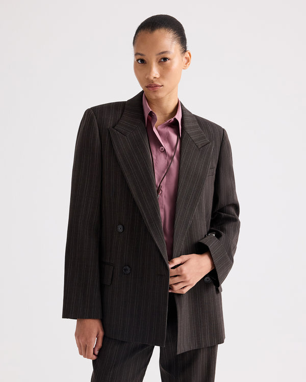 TWP Dark chocolate Harper Blazer in Refined Pinstripe Wool Viscose Suiting view 1