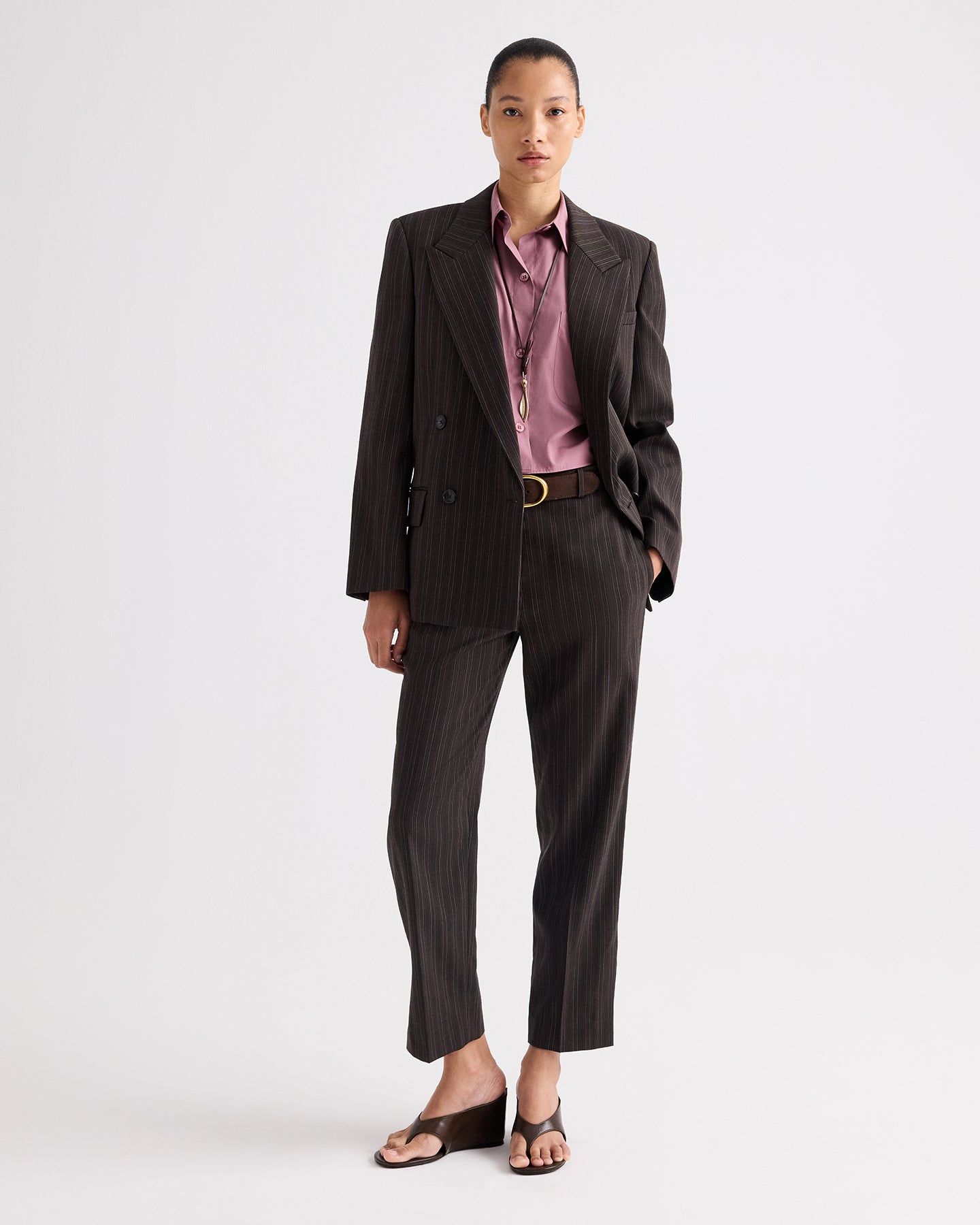 TWP Dark chocolate Harper Blazer in Refined Pinstripe Wool Viscose Suiting view 3