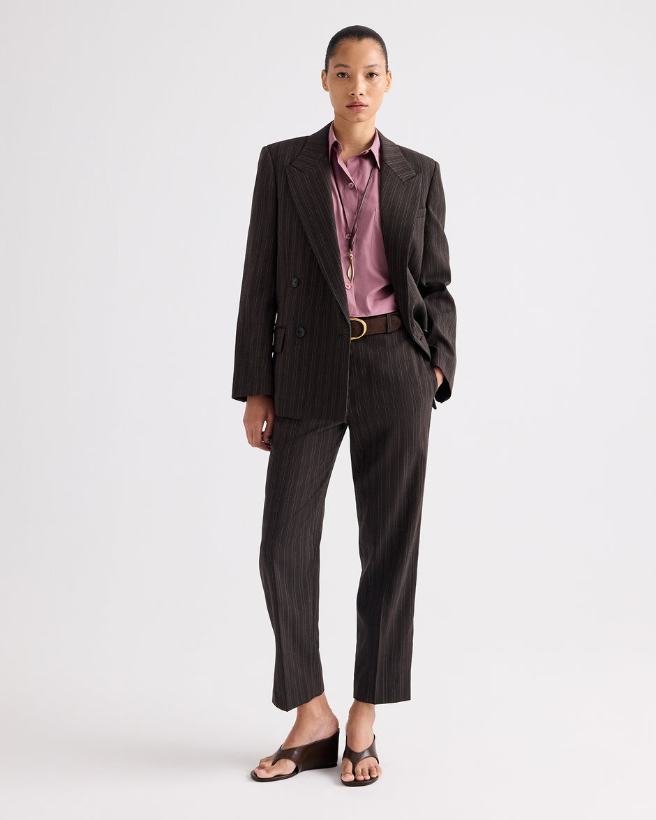 TWP Dark chocolate Harper Blazer in Refined Pinstripe Wool Viscose Suiting view 3