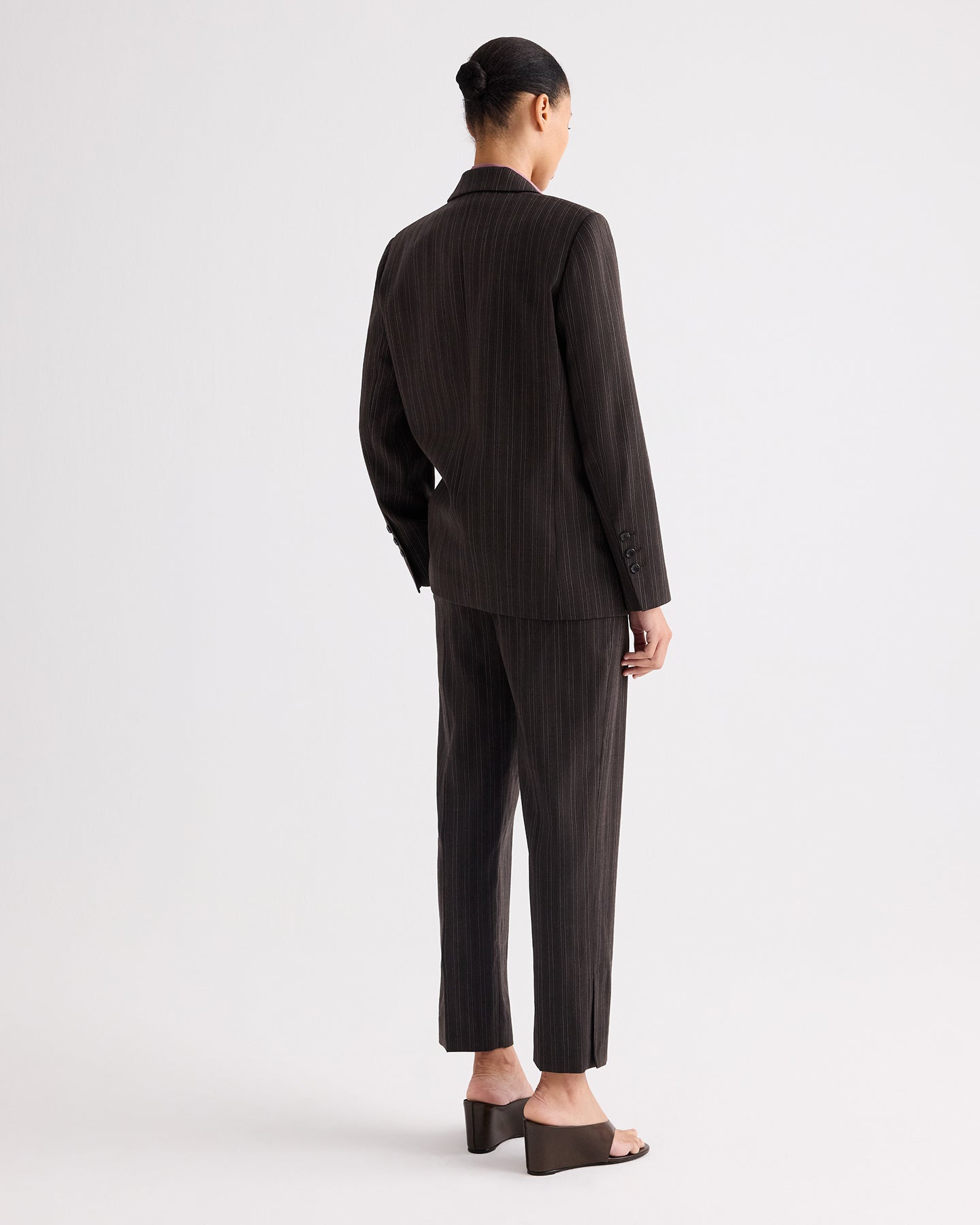 TWP Dark chocolate Harper Blazer in Refined Pinstripe Wool Viscose Suiting view 4