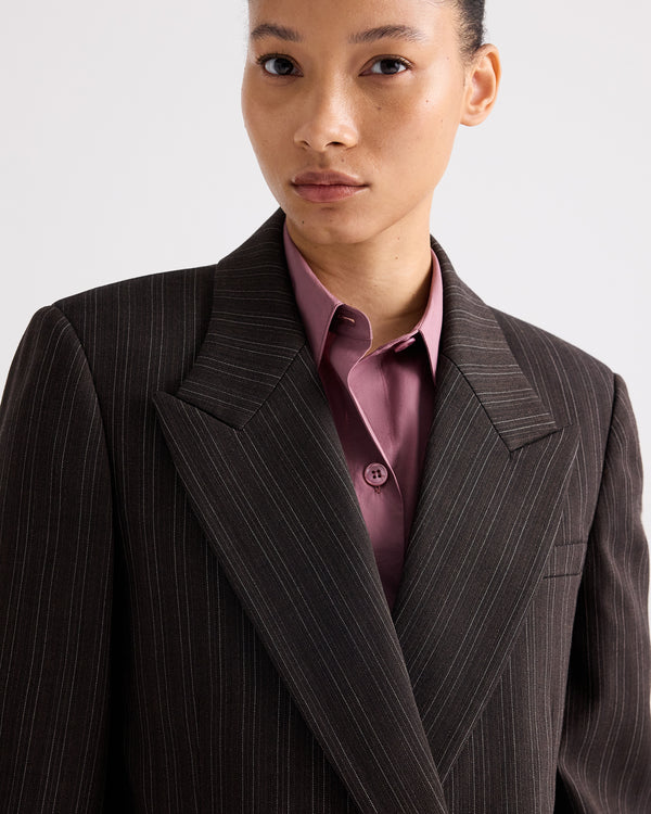 TWP Dark chocolate Harper Blazer in Refined Pinstripe Wool Viscose Suiting view 2