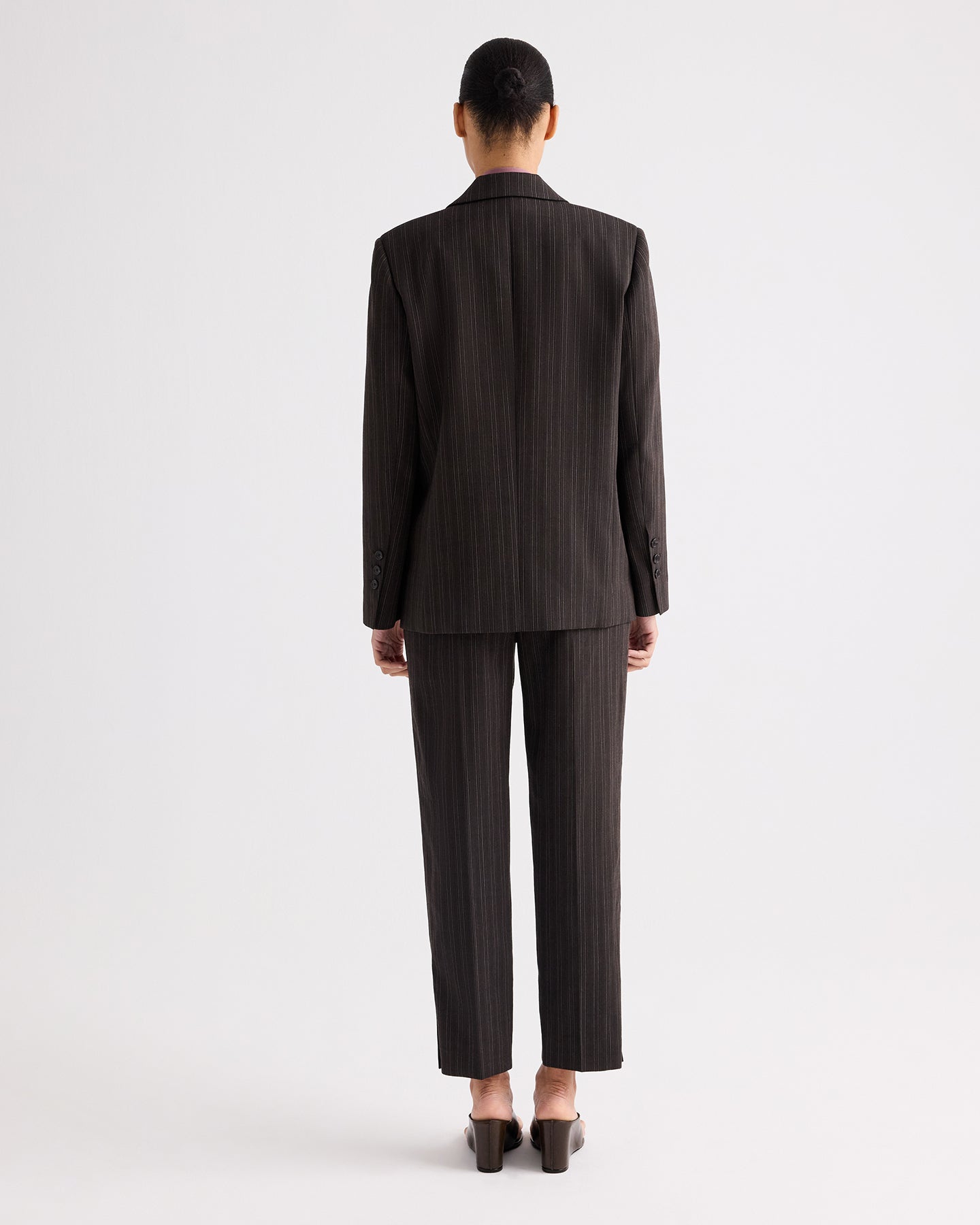 TWP Dark chocolate Harper Blazer in Refined Pinstripe Wool Viscose Suiting view 5