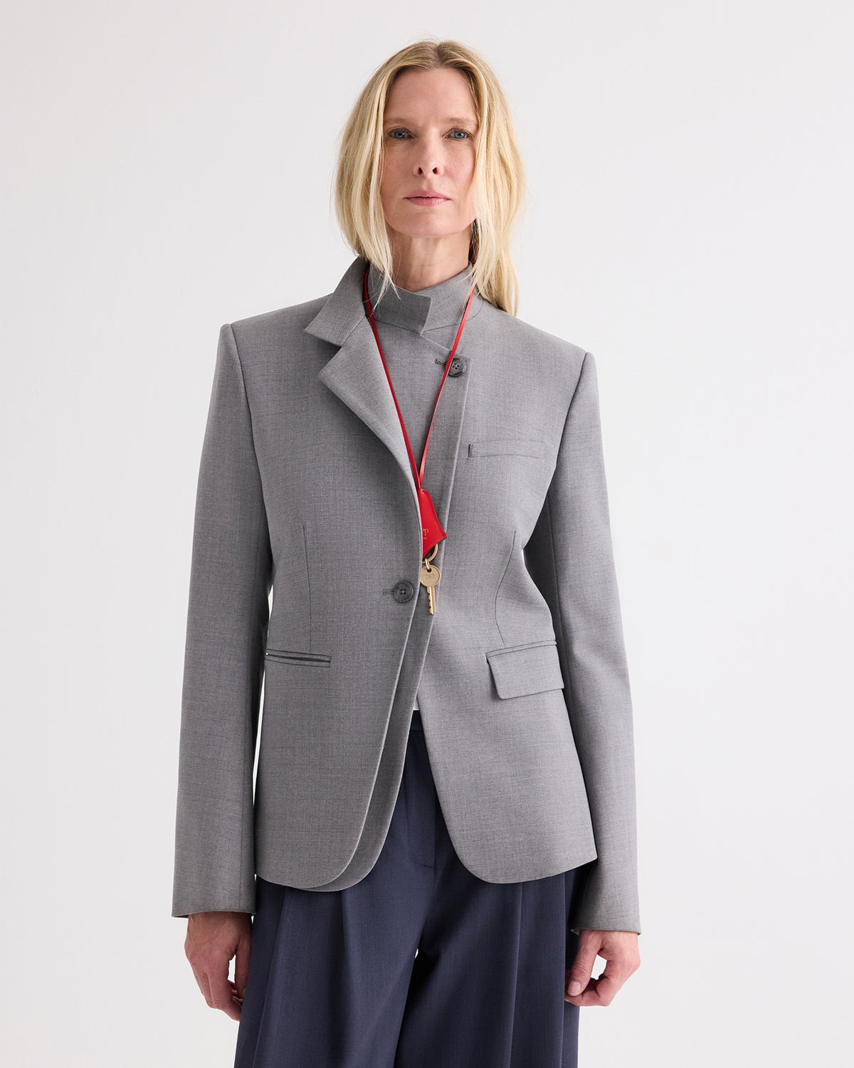 Medium Heather Grey Stretch Wool Double Take Blazer - Front On Model | TWP Clothing
