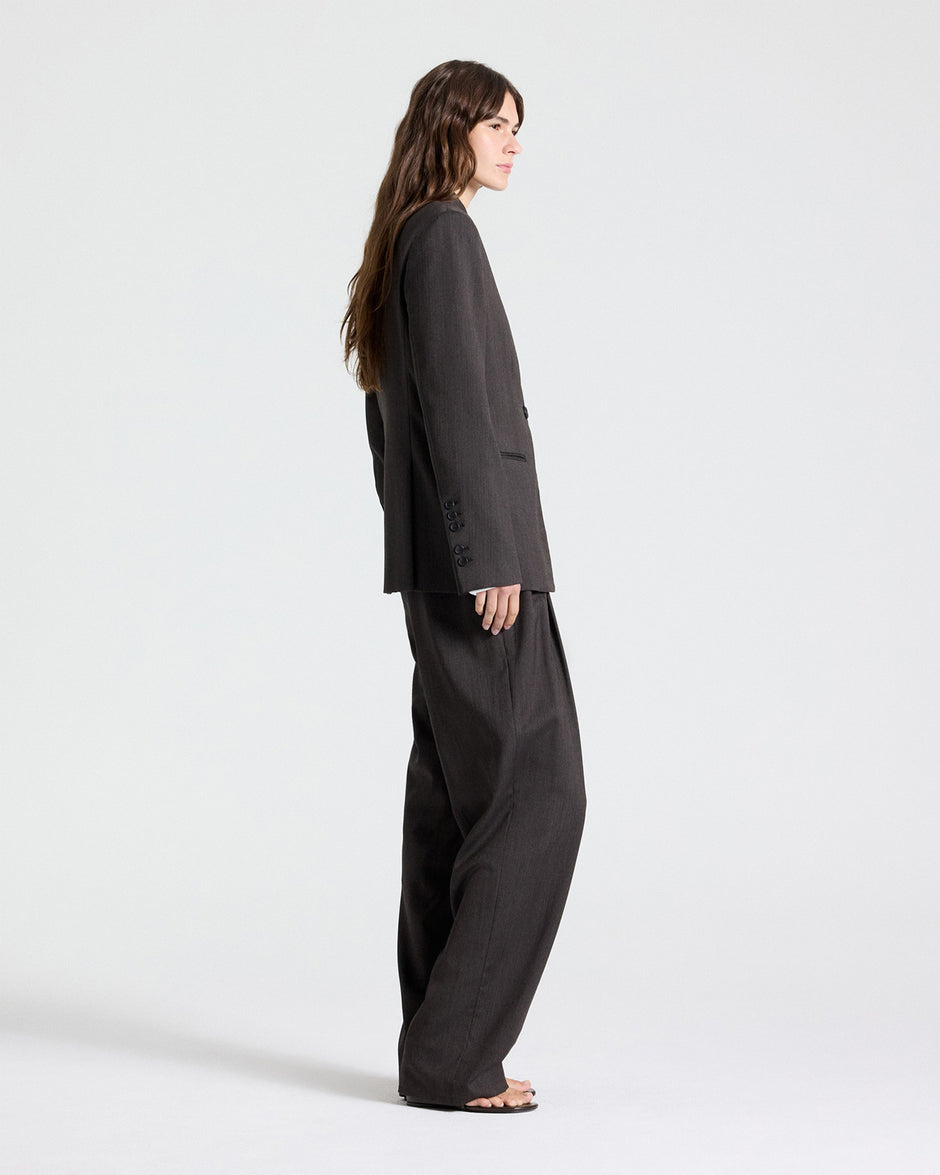 TWP Chocolate Buttoned Up Blazer in Micro Herringbone Wool Suiting view 4