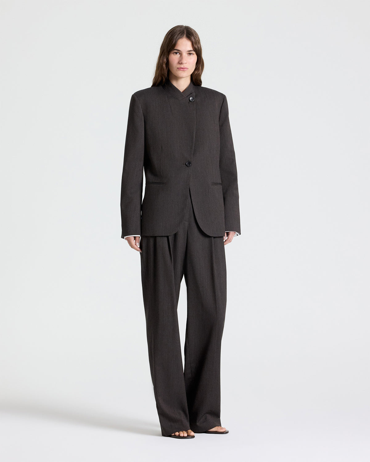TWP Chocolate Buttoned Up Blazer in Micro Herringbone Wool Suiting view 5