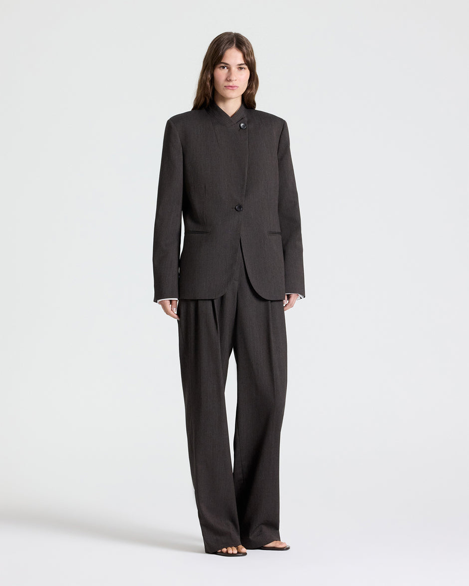 TWP Chocolate Buttoned Up Blazer in Micro Herringbone Wool Suiting view 5