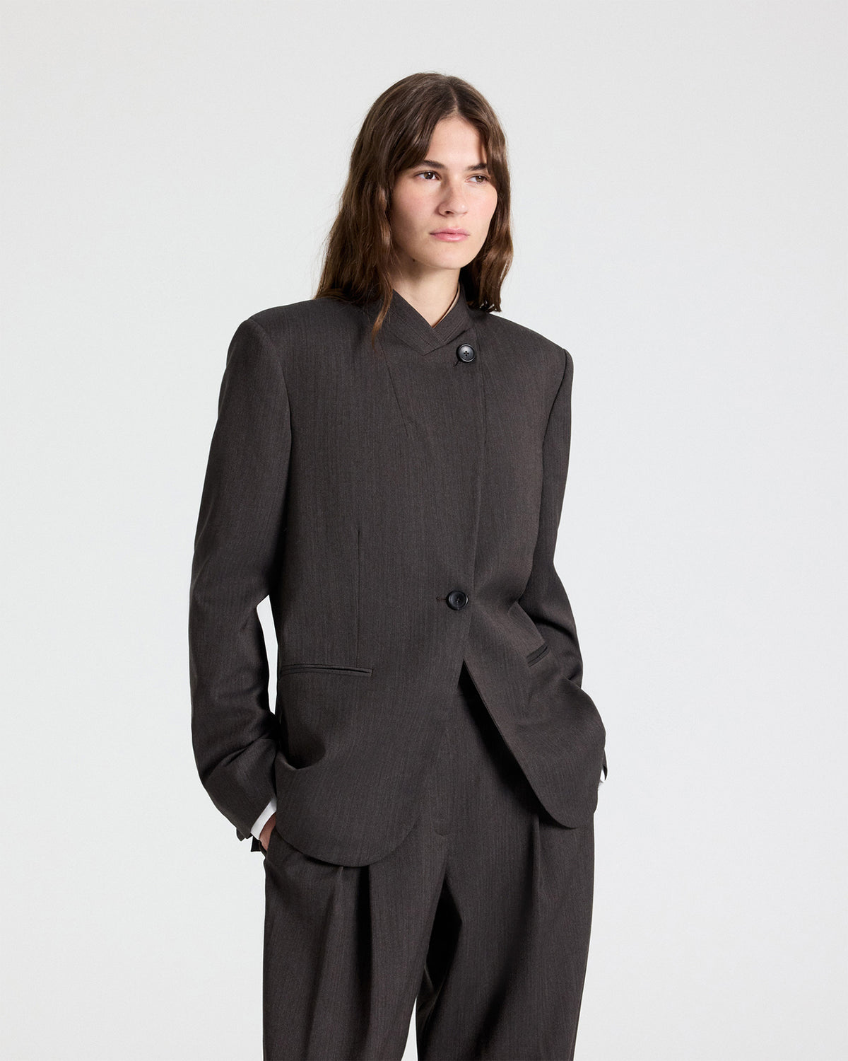 TWP Chocolate Buttoned Up Blazer in Micro Herringbone Wool Suiting view 7