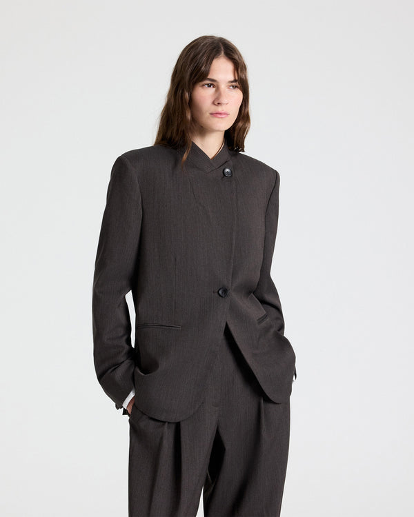 TWP Chocolate Buttoned Up Blazer in Micro Herringbone Wool Suiting view 7