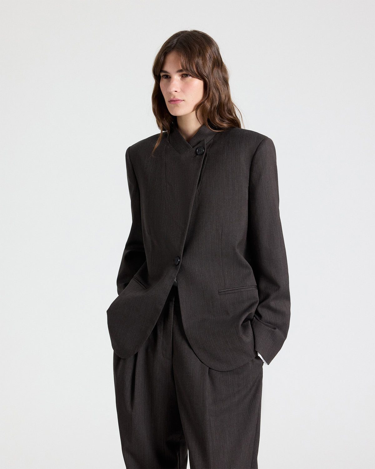 TWP Chocolate Buttoned Up Blazer in Micro Herringbone Wool Suiting view 1