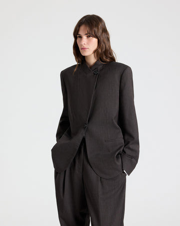 TWP Chocolate Buttoned Up Blazer in Micro Herringbone Wool Suiting view 1