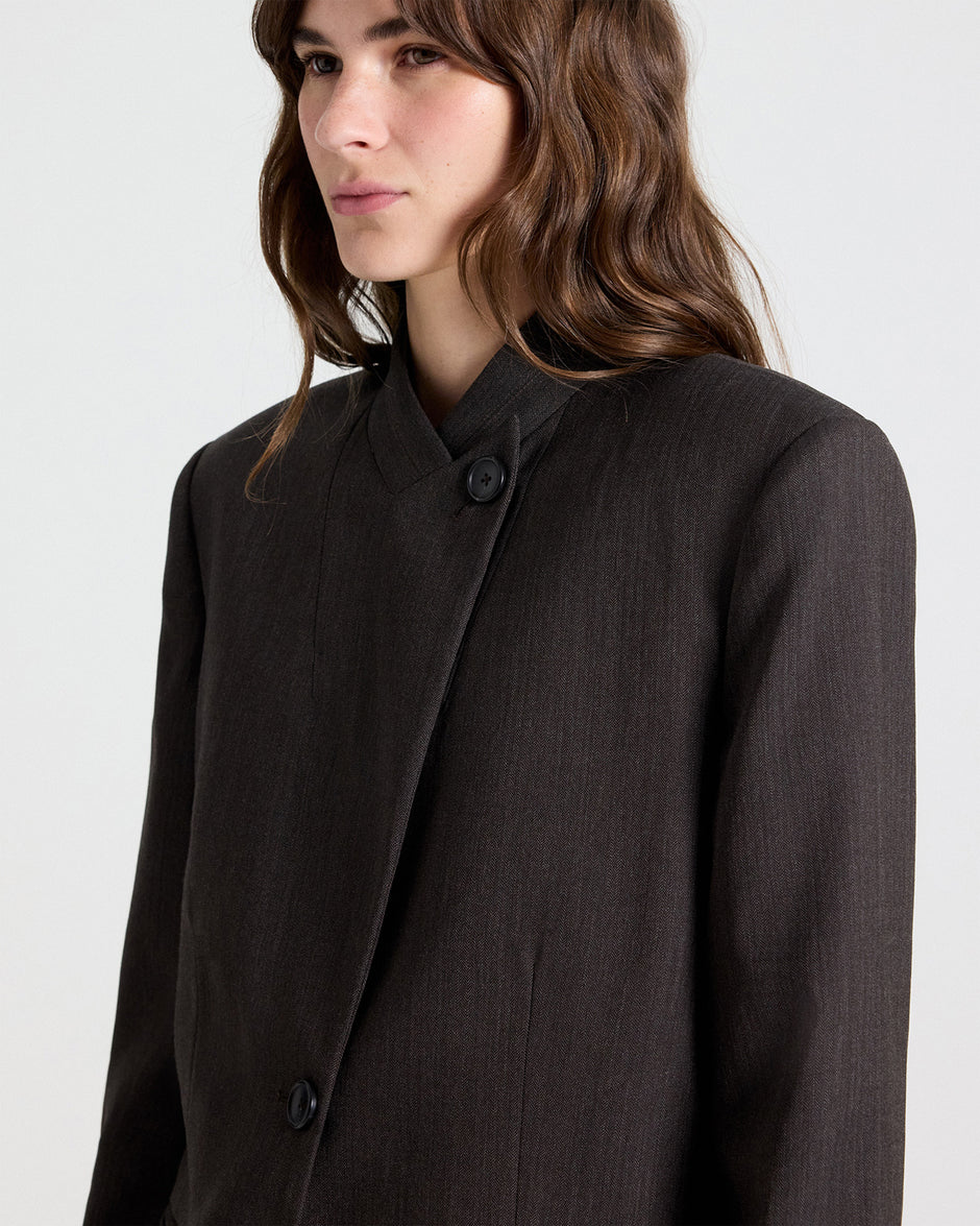 TWP Chocolate Buttoned Up Blazer in Micro Herringbone Wool Suiting view 2