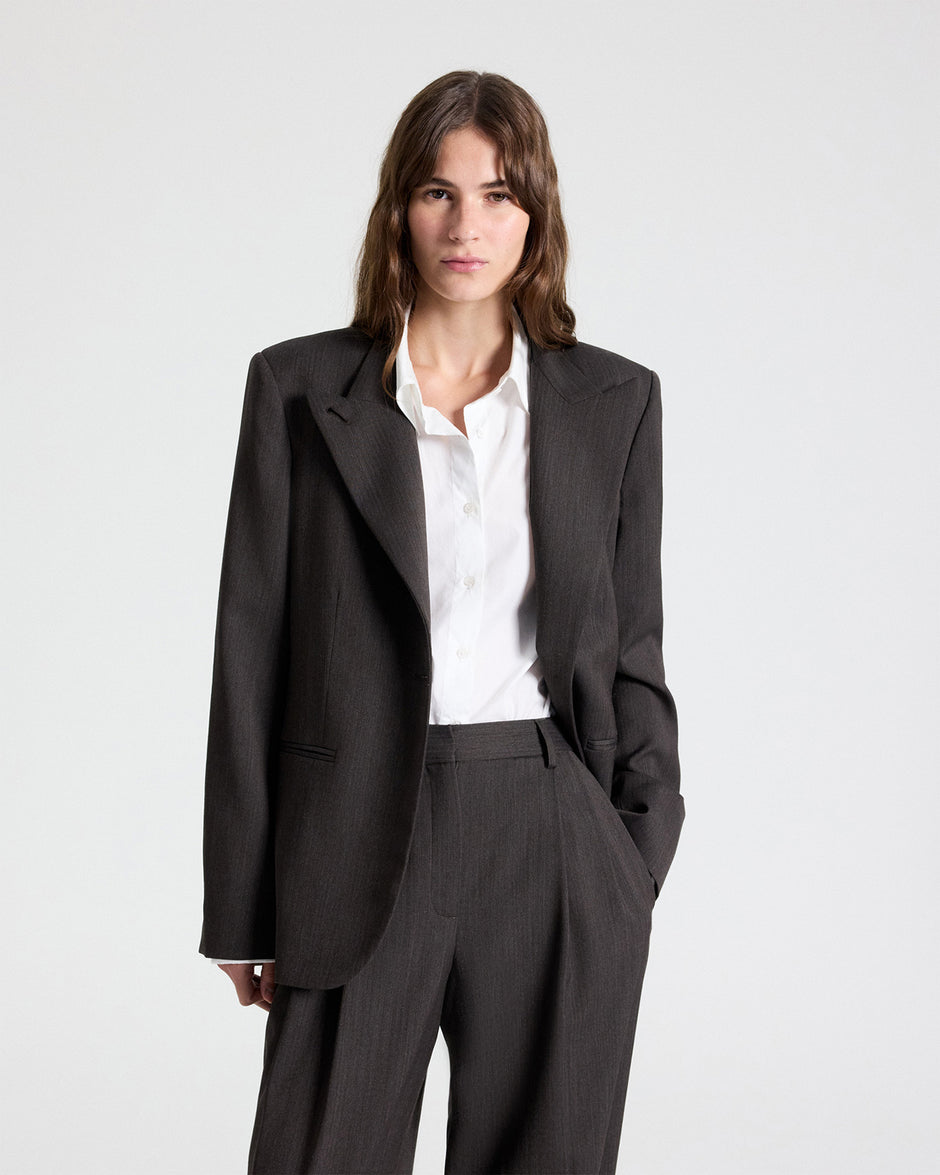 TWP Chocolate Buttoned Up Blazer in Micro Herringbone Wool Suiting view 3