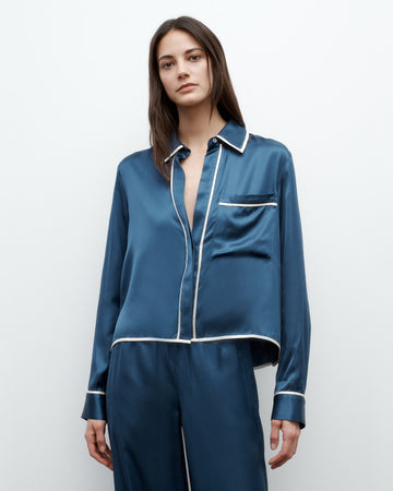 TWP Blue wing teal Sleepover Top in Shiny Satin view 1