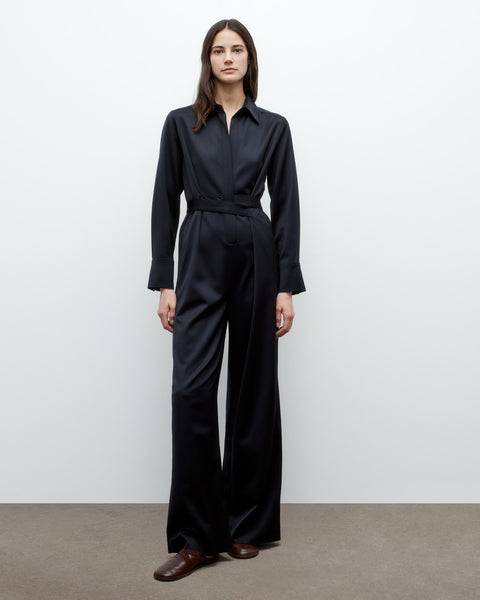Midnight All Night Long Jumpsuit in Satin Faced Wool Suiting