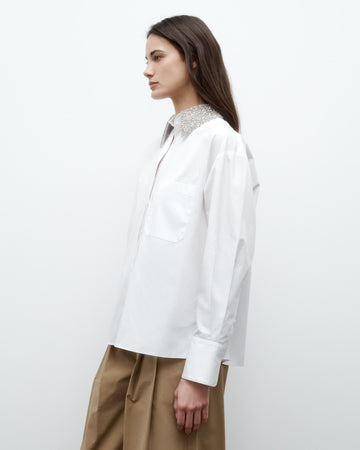 TWP White E.B. Shirt with Crystal Collar in Super Compact Poplin view 3