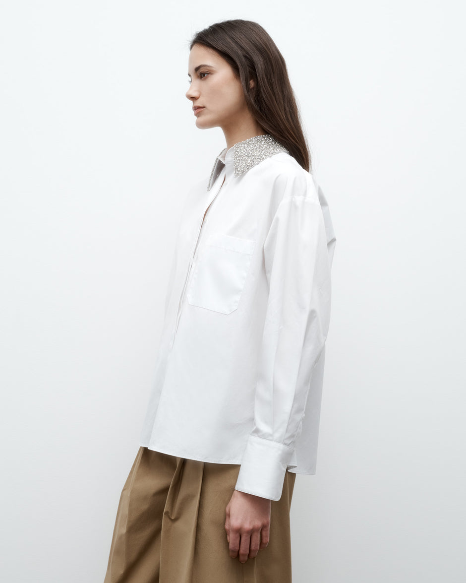 TWP White E.B. Shirt with Crystal Collar in Super Compact Poplin view 3