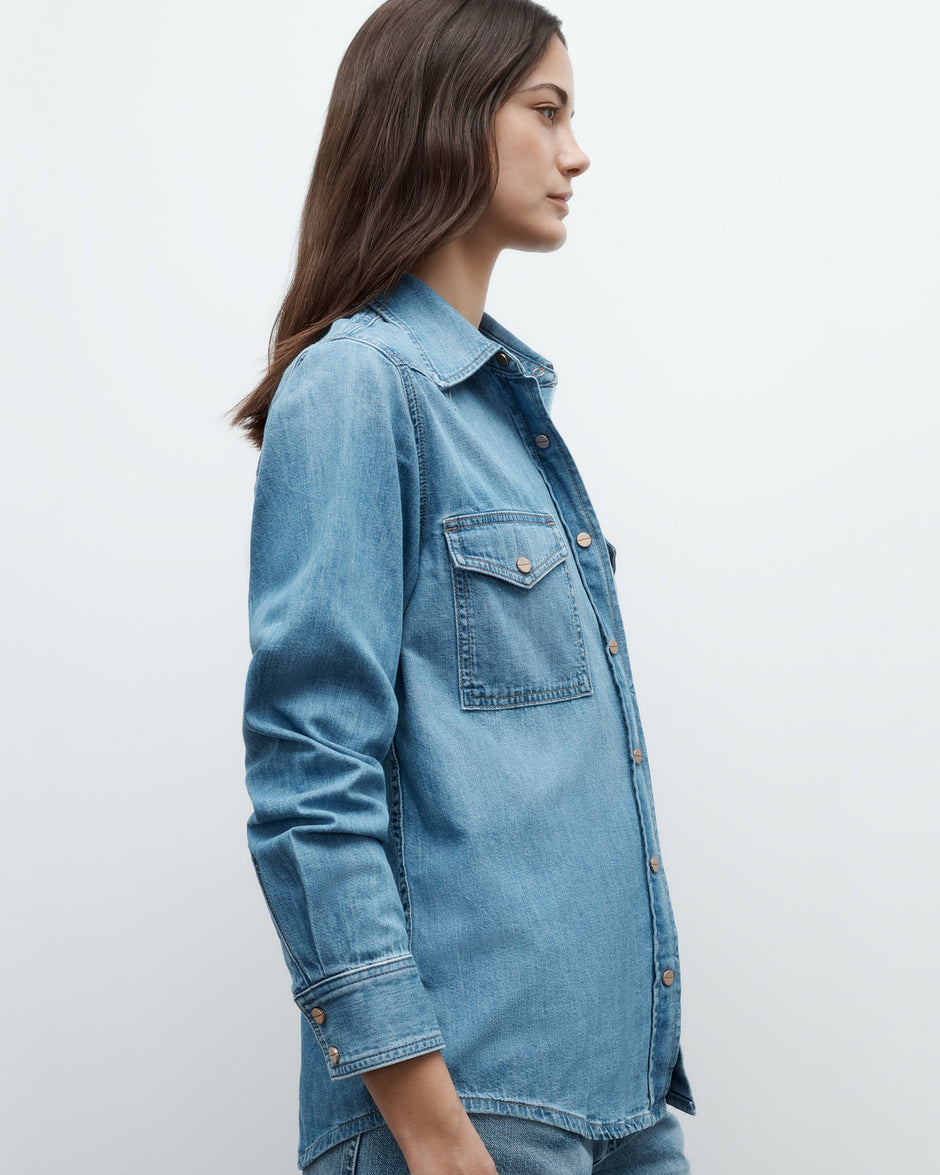 TWP Vintage wash Cowboy Take Me Away Shirt in Denim Shirting view 3