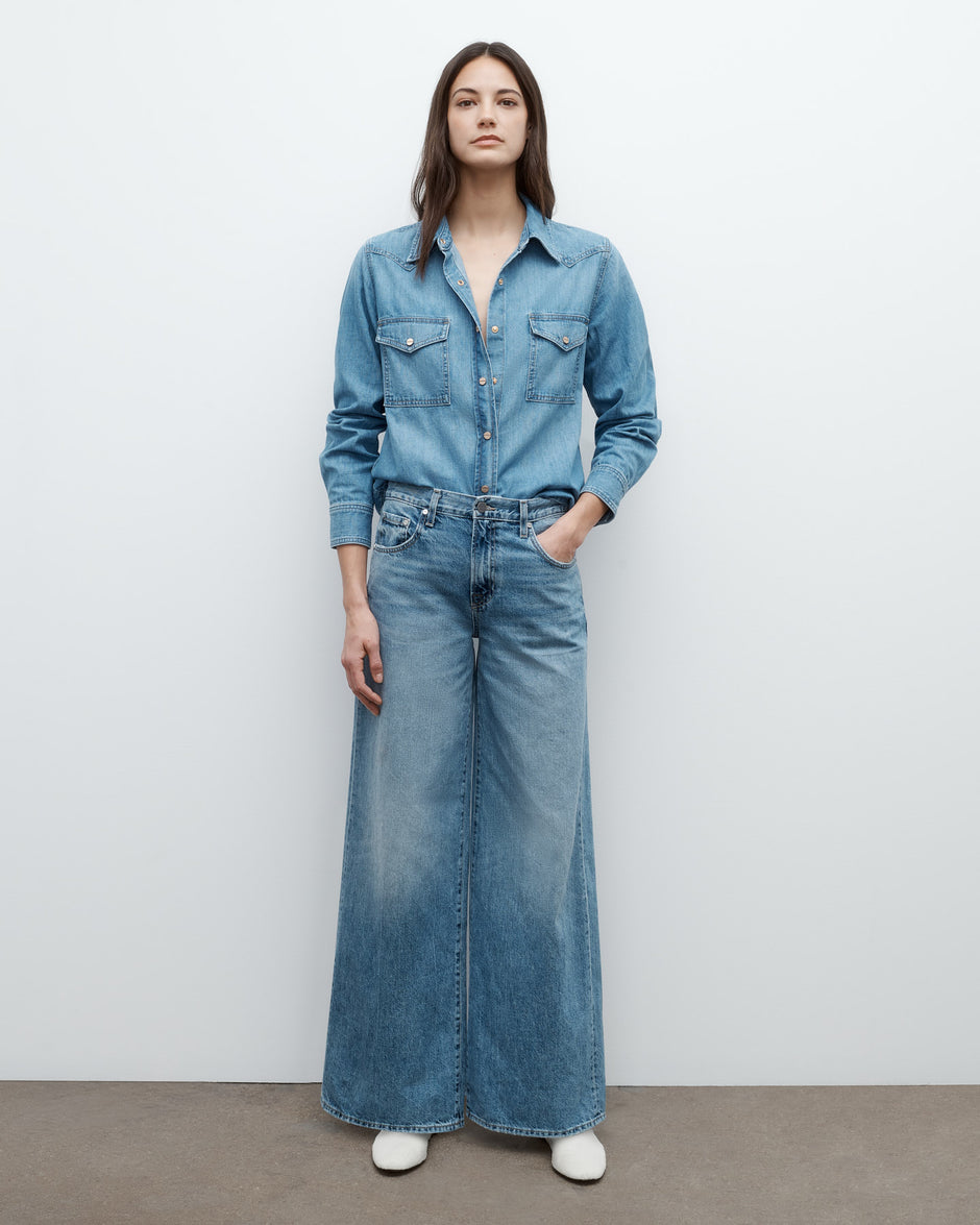 TWP Vintage wash Cowboy Take Me Away Shirt in Denim Shirting view 4