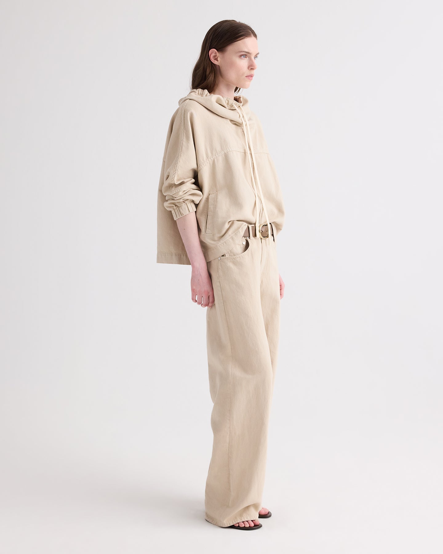 TWP Bone Pull Me Over Hoodie in Sandshell Denim view 4