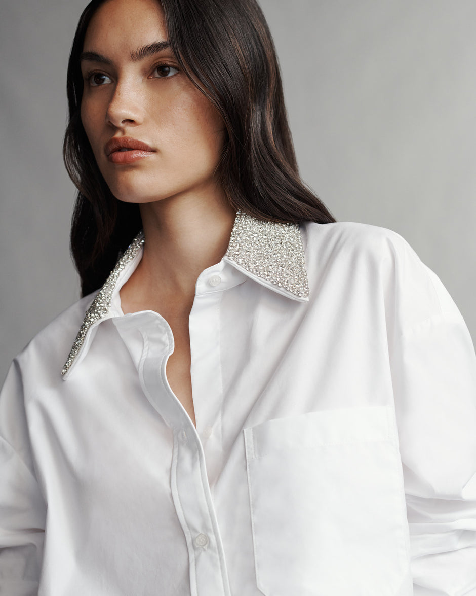 TWP White Little Big Joe Shirt With Crystal Collar in Cotton Shirting view 6