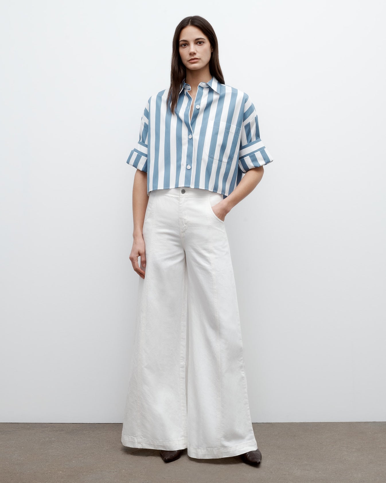 TWP White / vintage denim Next Ex Shirt in Wide Stark Stripe view 4