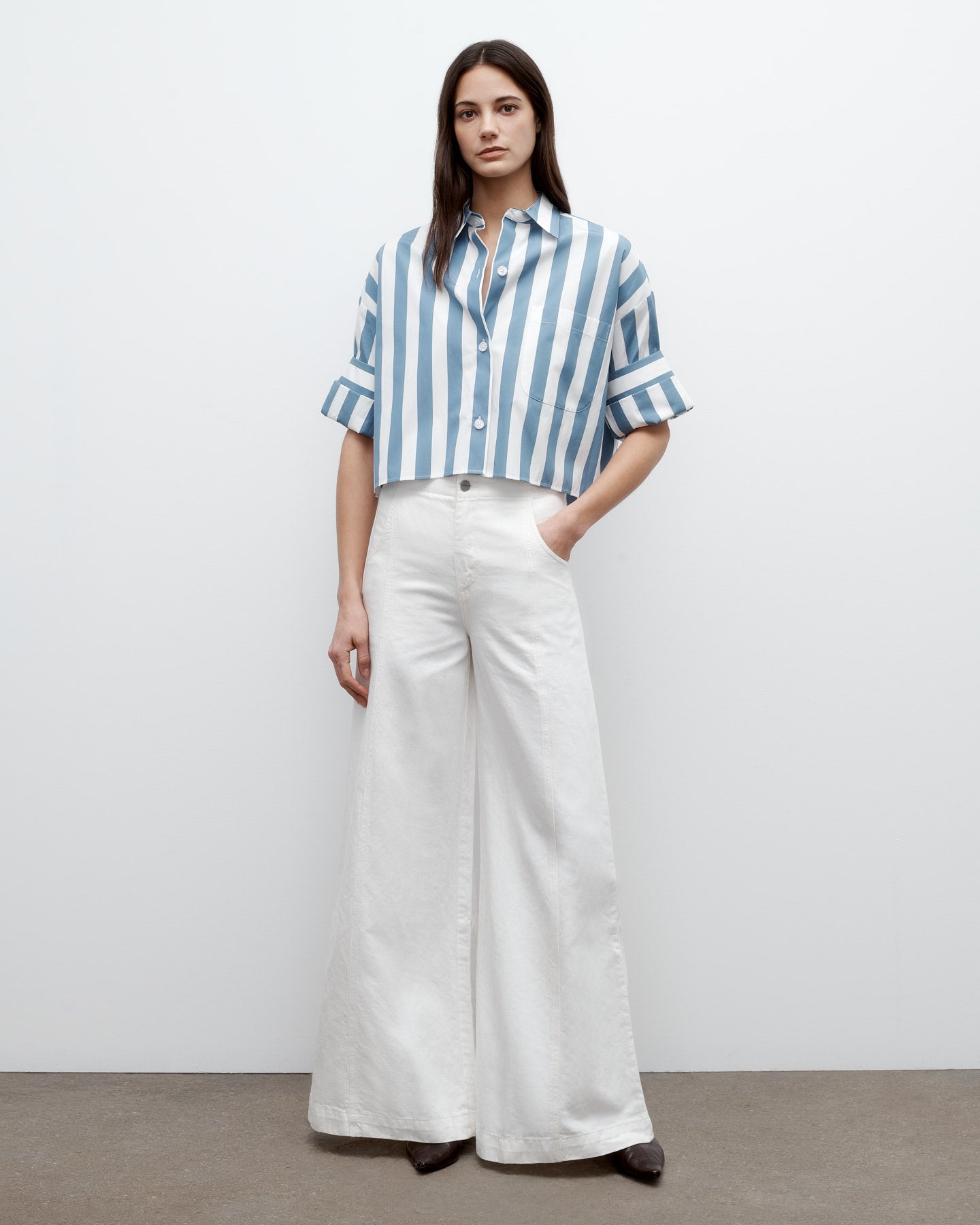 TWP White / vintage denim Next Ex Shirt in Wide Stark Stripe view 4