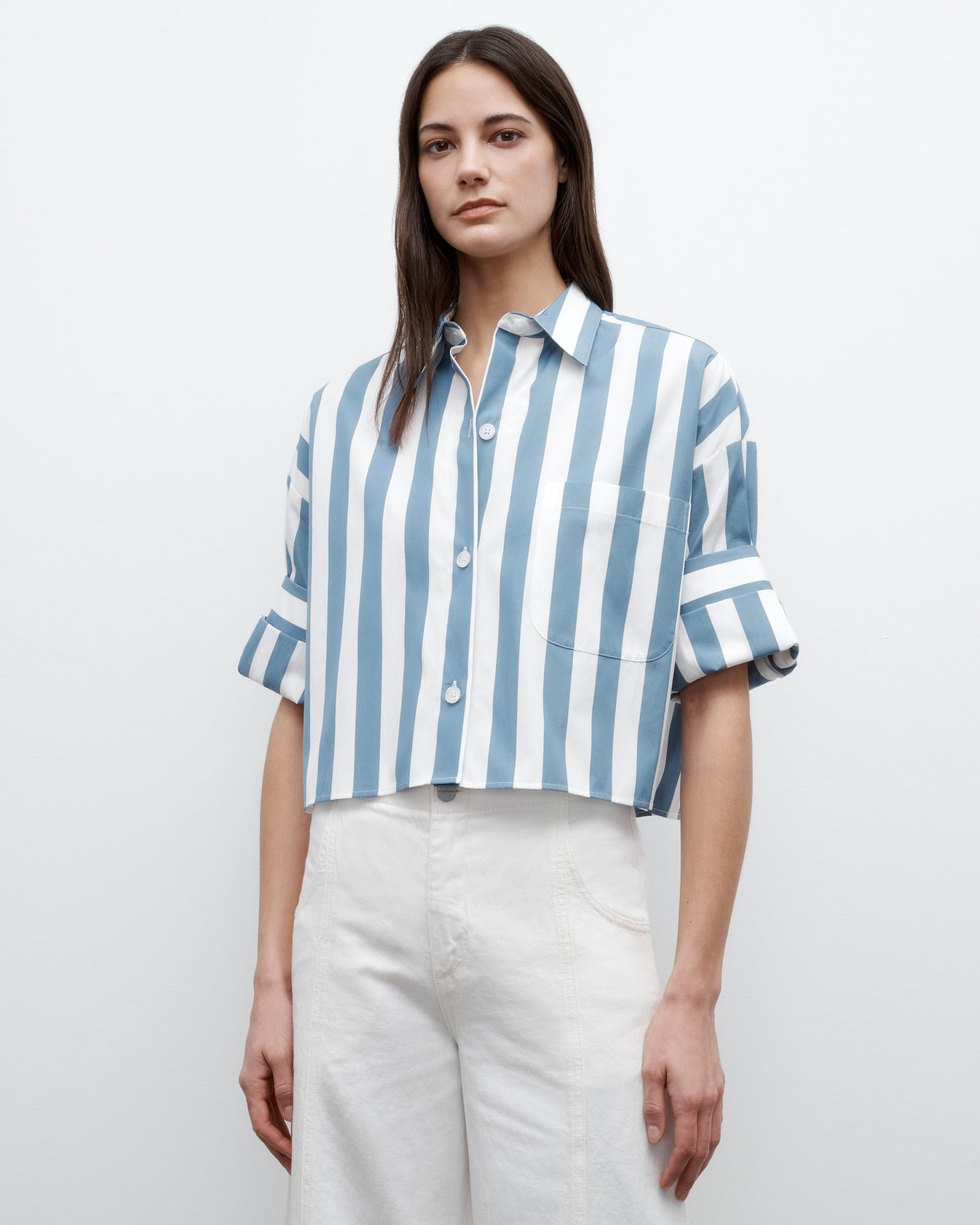 TWP White / vintage denim Next Ex Shirt in Wide Stark Stripe view 1