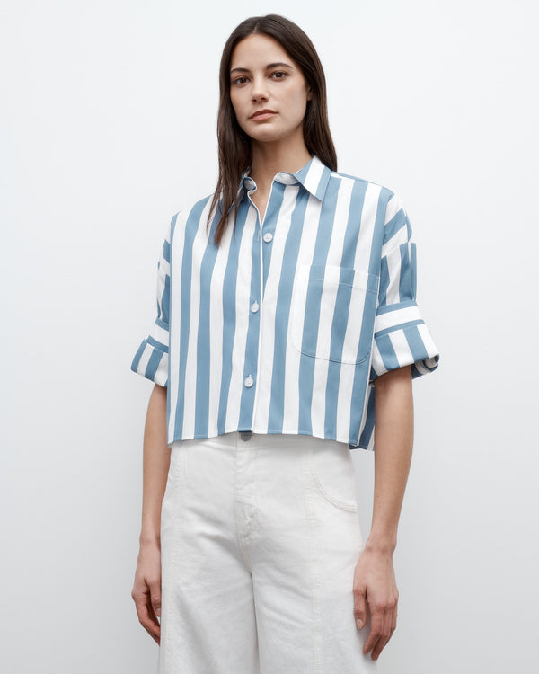TWP White / vintage denim Next Ex Shirt in Wide Stark Stripe view 1