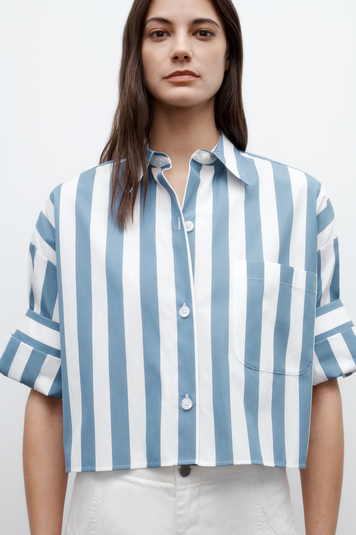 TWP White / vintage denim Next Ex Shirt in Wide Stark Stripe view 2