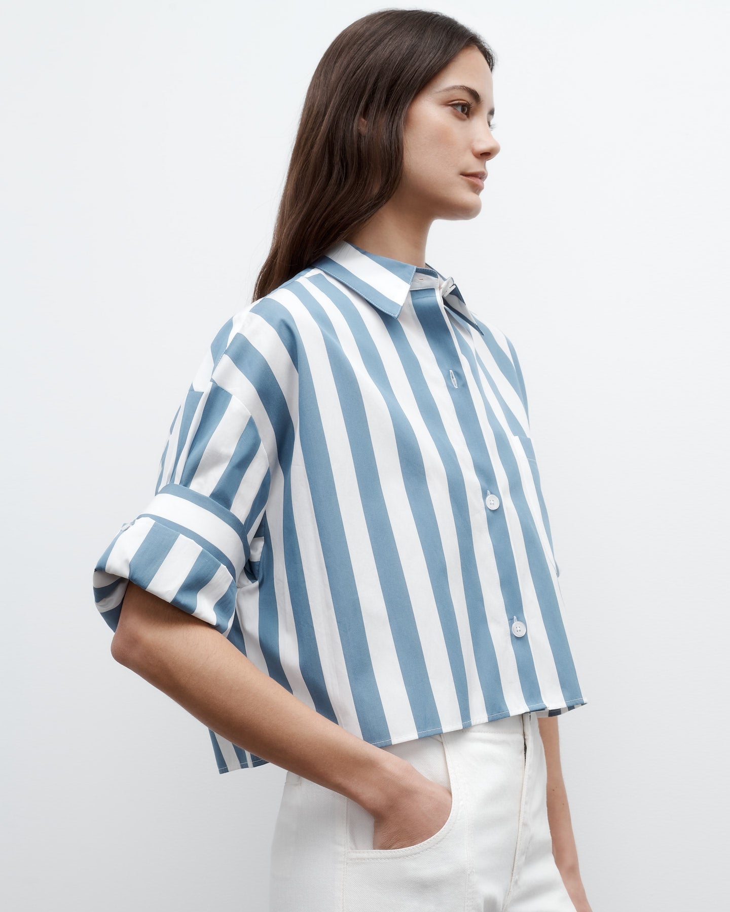 TWP White / vintage denim Next Ex Shirt in Wide Stark Stripe view 3