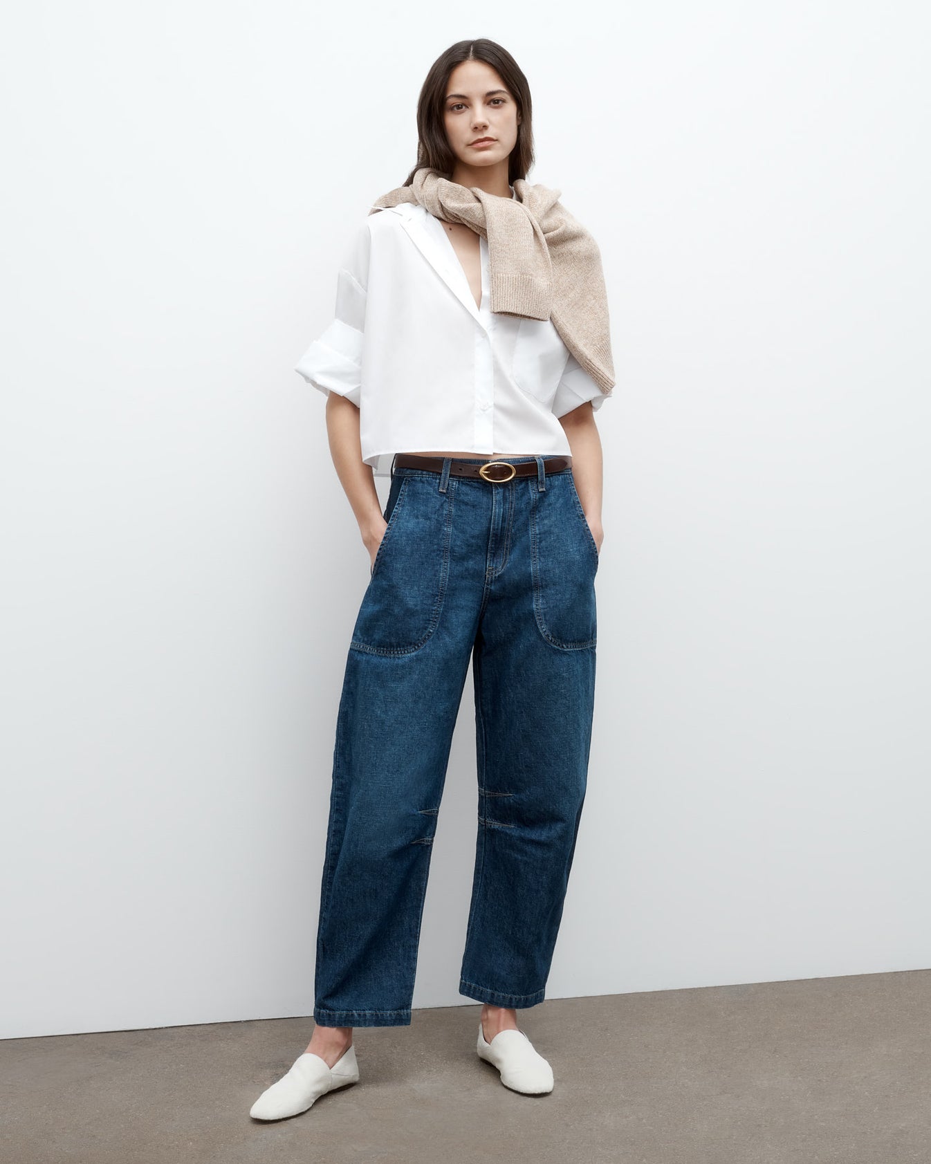 TWP Dark wash Jetties Beach Pant in Linen Cotton Denim view 1