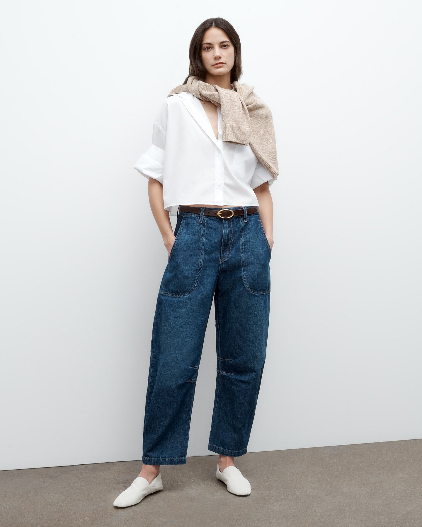 TWP Dark wash Jetties Beach Pant in Linen Cotton Denim view 1