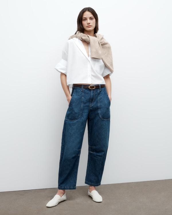 TWP Dark wash Jetties Beach Pant in Linen Cotton Denim view 1