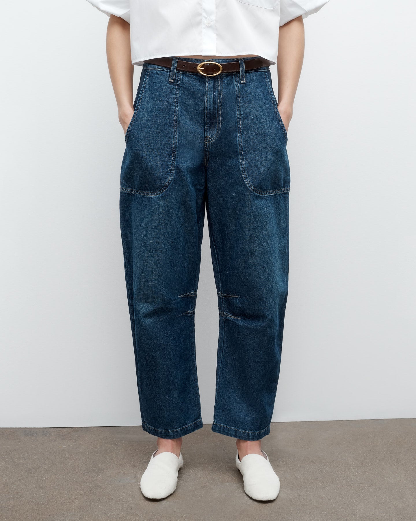 TWP Dark wash Jetties Beach Pant in Linen Cotton Denim view 2