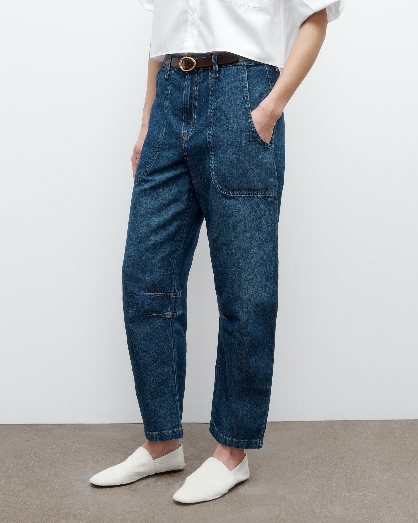 TWP Dark wash Jetties Beach Pant in Linen Cotton Denim view 3