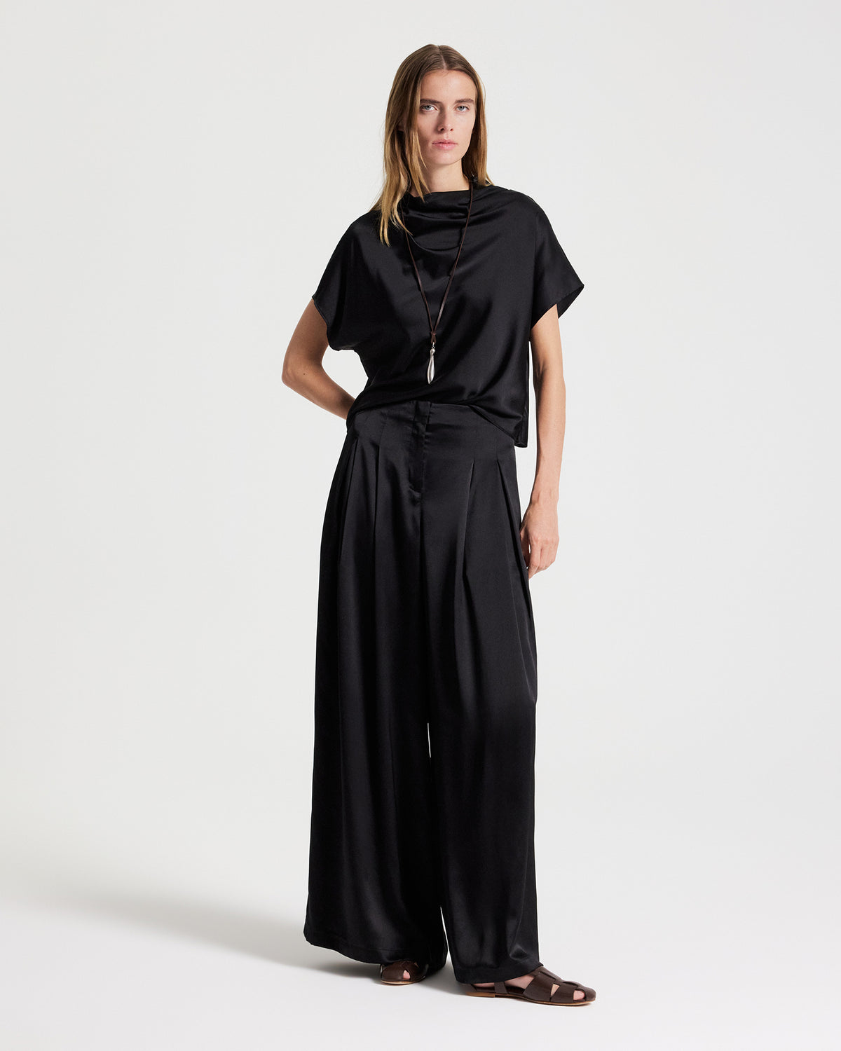 TWP Black Drew Pant in Washed Silk Charmeuse view 1
