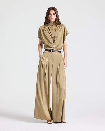 Kelp Washed Silk Charmeuse Wide-Leg Pant - Front View, Styled with Belt | TWP Clothing